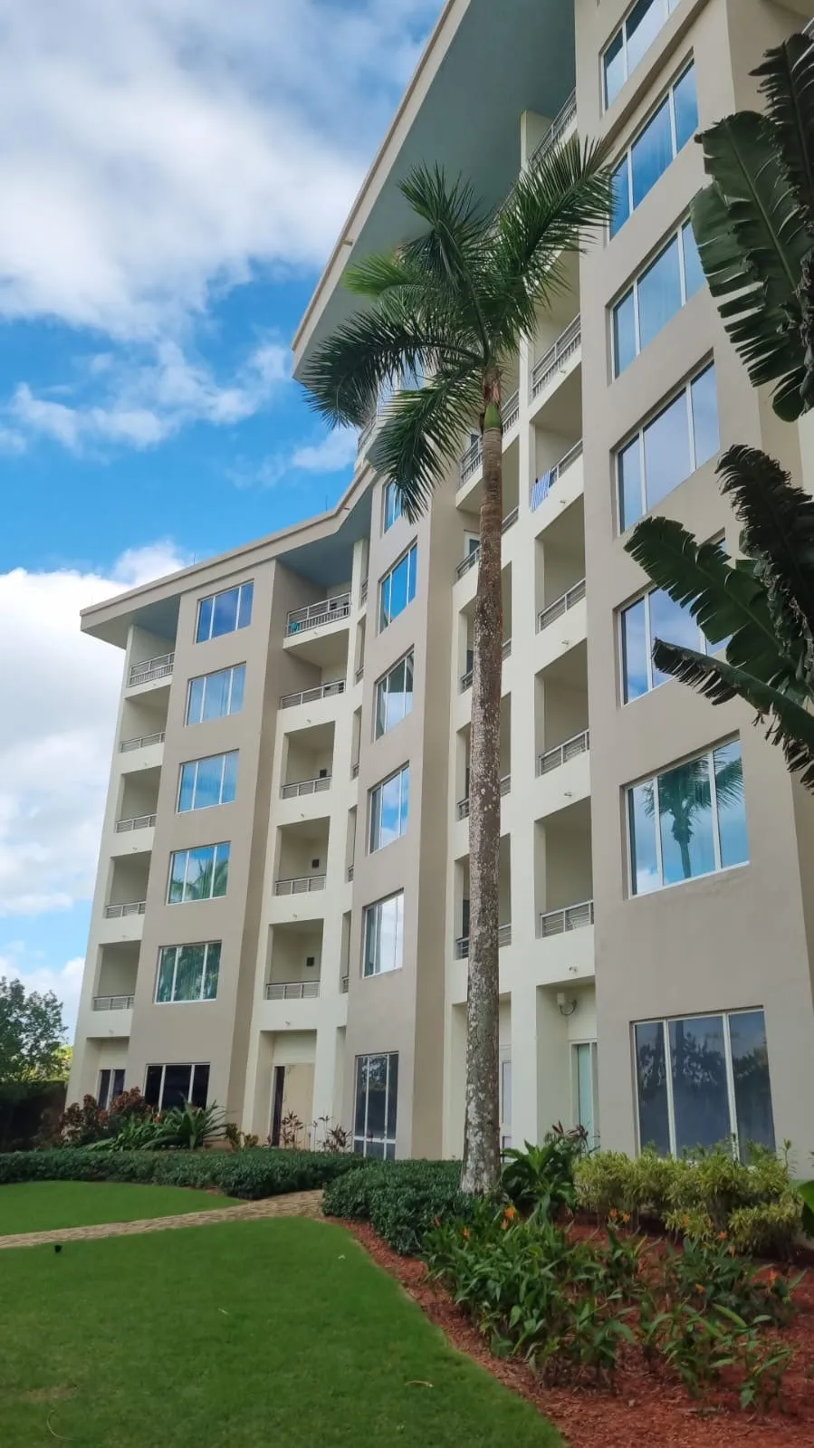 A guest-room elevation at Hacienda del Mar, every balcony door and window on the face refurbished
