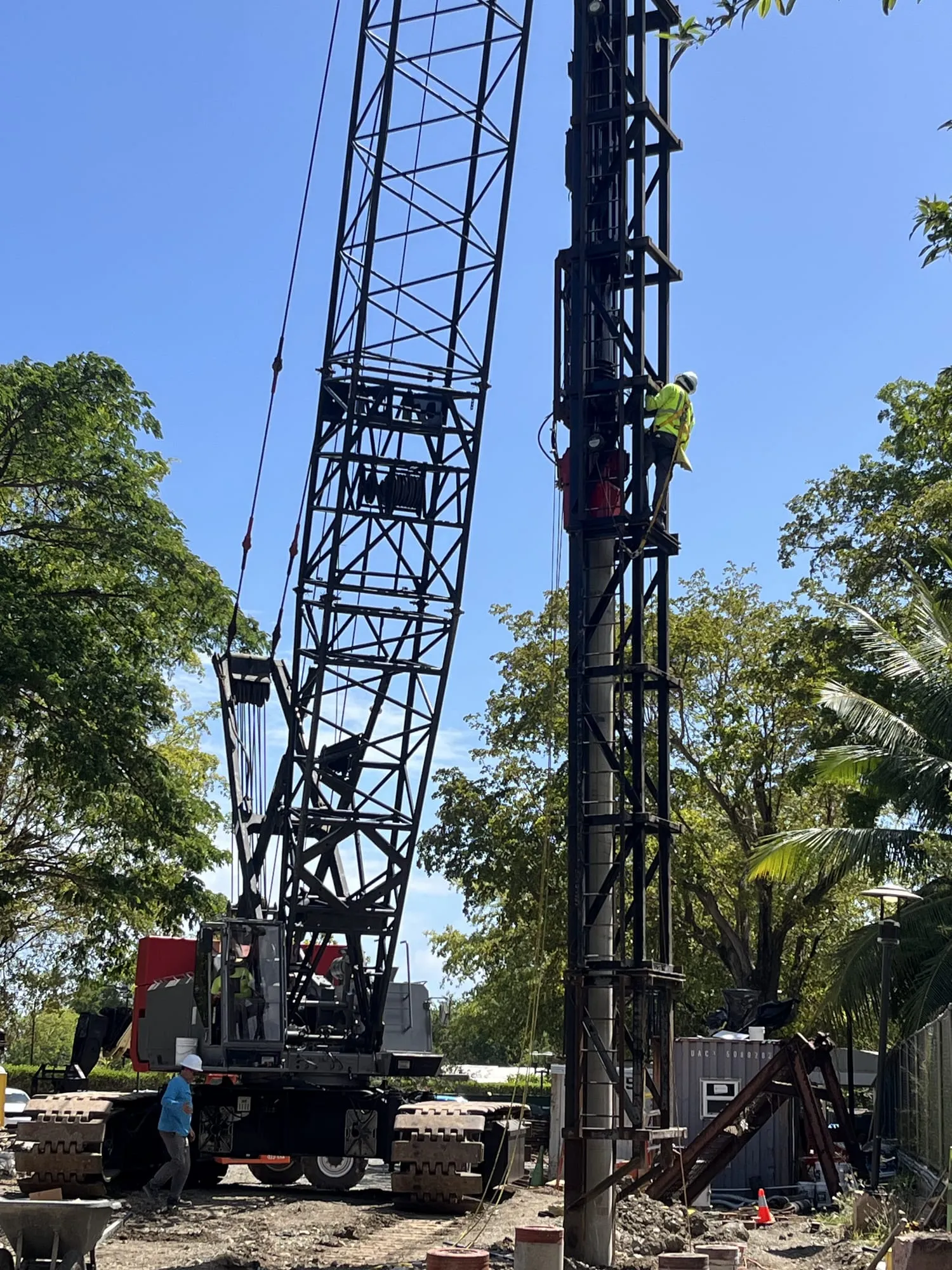 A pile rig and crawler crane driving deep foundation piles on the tree-lined site