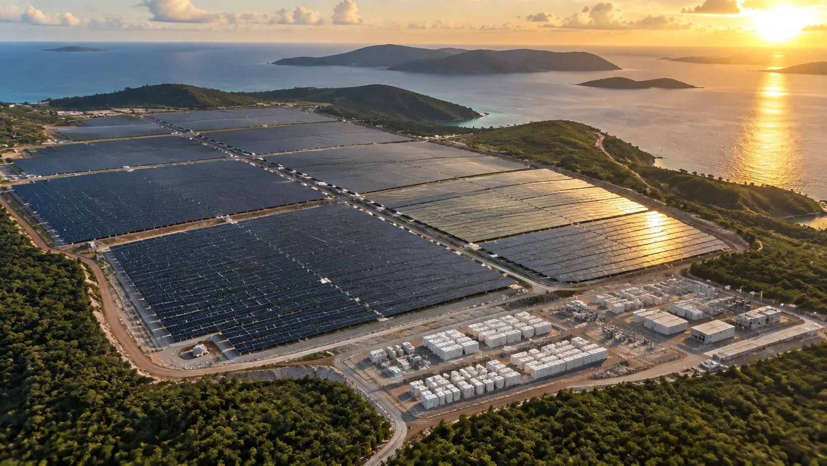 Coastal construction site A utility-scale generation array laid out along an island coastline