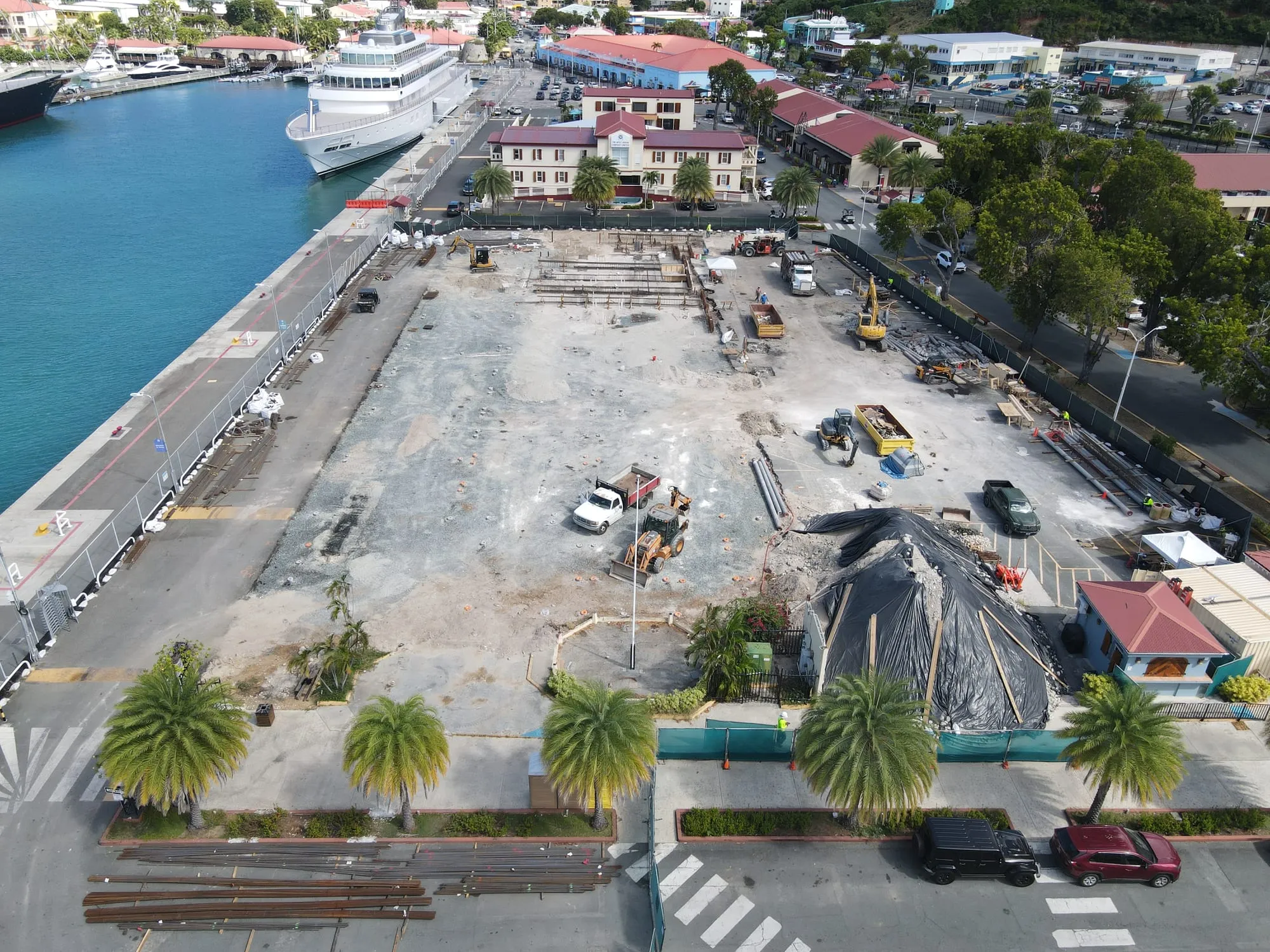 Aerial view of the cleared waterfront site before the structure went up