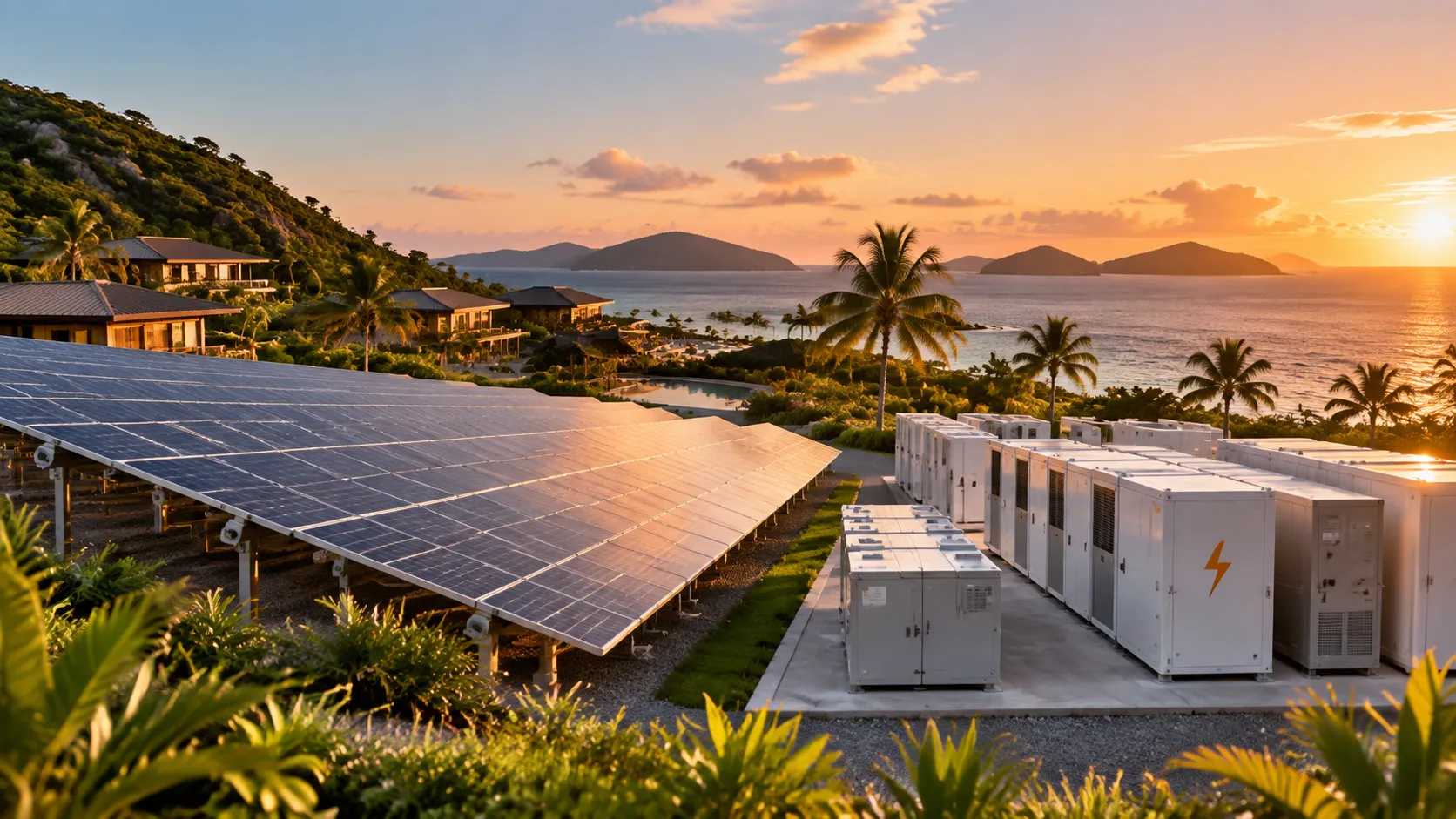 Resort served by its own utilities Solar panels and battery storage units set into the planting at a resort