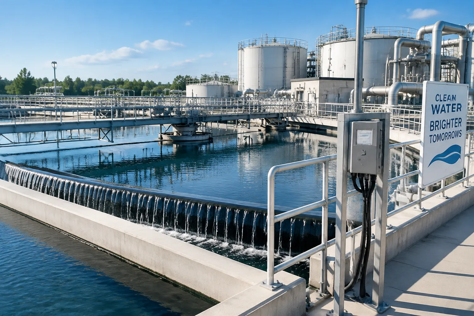 Commercial metal building Water treatment works with clarifier basins and storage tanks beside the sea
